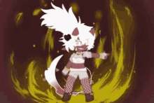 a drawing of a girl with white hair standing in front of a fire .