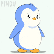 a cartoon of a penguin flexing his muscles with the word pengu on the bottom