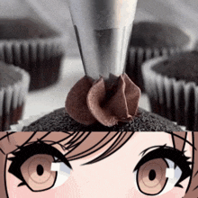 a close up of a person 's eyes next to a cupcake being frosted