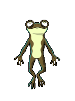 a cartoon frog with big eyes and blue stripes on its arms