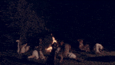 a group of people are dancing around a fire at night