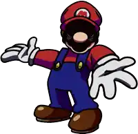 a cartoon of mario wearing overalls and a red hat with a m on it