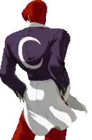 a pixel art of a man in a purple jacket with the letter c on his back