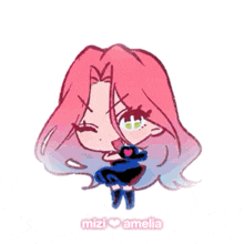 a drawing of a girl with green eyes and the name mizi amelia
