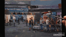 a painting of a group of people is being made in animatica