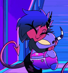 a cartoon character is hugging a stuffed animal with horns