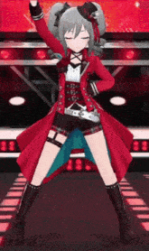 a girl in a red coat and black shorts is dancing