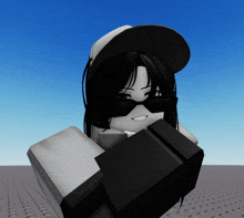 a black and white image of a girl wearing a hat and sunglasses