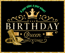 a black and gold birthday queen sign with a crown and high heels