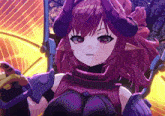 a girl with purple hair and horns is holding a gun