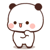 a cartoon panda bear is standing on a white background and making a funny face .