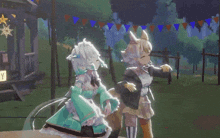 two anime girls are dancing in front of a sign that says " ty "