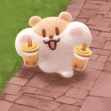 a stuffed animal with a mustache is walking down a sidewalk holding two cups of tea .