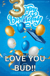 a 3rd birthday greeting card with balloons and confetti
