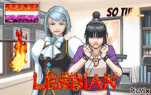 a couple of anime characters standing next to each other with the word lesbian in red