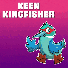 a cartoon of a kingfisher with the name keen kingfisher behind it