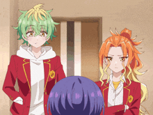 two anime characters standing next to each other with one having green hair
