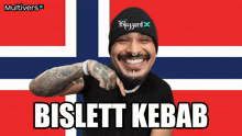 a man wearing a beanie with the word blizzard on it points to the camera