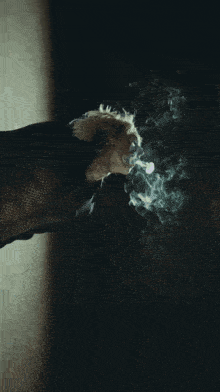 a person smoking a cigarette in a dark room with smoke coming out of their mouth