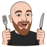 a man with a beard is holding a knife and fork