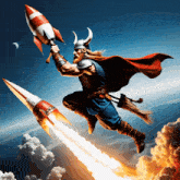 a viking flying through the air holding a rocket that says ' rocket ' on it