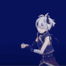 a cartoon character with white hair and black clothes is standing in a dark room .