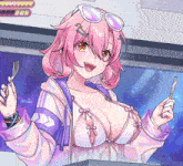 a pink haired anime girl is holding a fork and knife in her hands