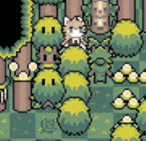 a pixel art drawing of a girl sitting on a tree in a forest .