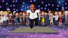 a man in a tuxedo is jumping in the air in front of a crowd of people on a dance floor