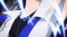 a close up of a person wearing a white jacket and blue tie