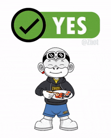 a cartoon character holding a plate of sushi and a yes sign