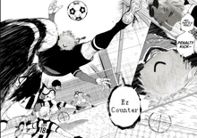a black and white drawing of a soccer game with the words ez counter
