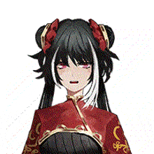 a girl with black and white hair is wearing a red dress