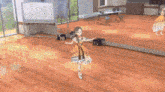 a girl in a yellow dress is dancing in front of a large mirror .