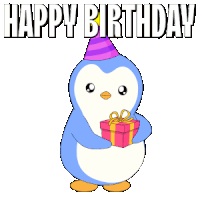 a penguin wearing a party hat and holding a gift box with the words happy birthday below it