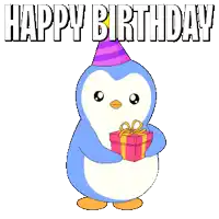 a penguin wearing a party hat and holding a gift box with the words happy birthday below it