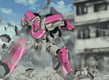 a pink robot with the letter c on its arm