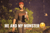 a girl holding a can of soda with the words me and my monster written below her