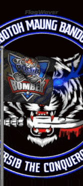 a bomber logo with a tiger holding a flag in its mouth
