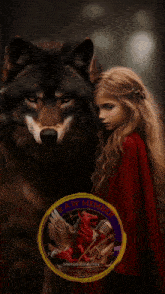 a little girl in a red cape stands next to a large wolf with the words raw international family written on the bottom