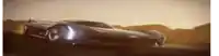 a futuristic sports car is driving down a dirt road .