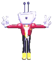 a pixel art of a robot with a purple head and arms