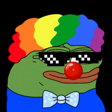 a cartoon frog with a rainbow wig and sunglasses