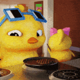 a cartoon duck wearing sunglasses and a pink bow looks at a plate of food