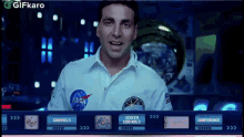 a man in a nasa shirt is on a screen