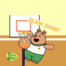 a cartoon of a bear playing basketball with the words slam dunk below him