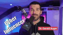 a man is talking into a microphone with the words cyber influencer written on the bottom