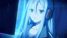 a blue haired anime girl with headphones on