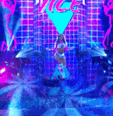 a woman is standing on a stage in front of a neon sign that says vice .