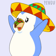 a cartoon penguin wearing a sombrero with a taco in its mouth